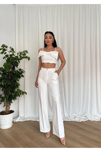 MİSSCİXFASHİON Women's Double Evening Dress Set - Strappy Ribbon Bustier and Pants