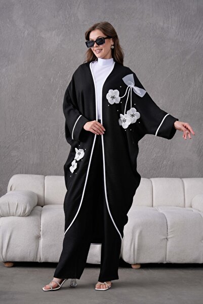 Miss Allos طقم كيمونو وبنطلون من الكتان - مع شريط فيونكة ومطرز بالزهور وتفاصي...