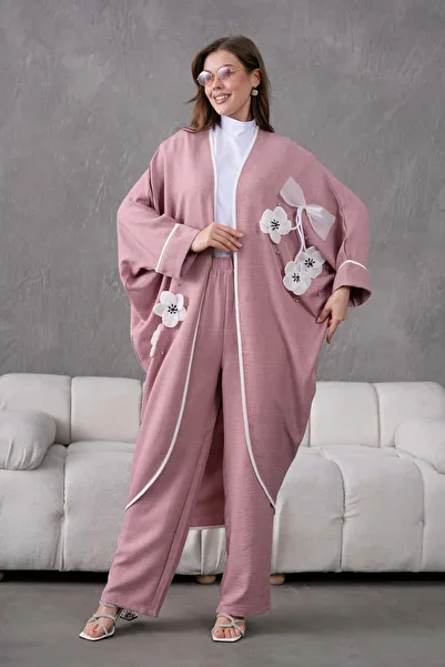 Miss Allos Linen Kimono and Trousers Set - Bow Ribbon, Floral Embroidery and Stone Detail