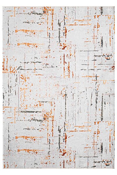 Serente Home Classic Patterned Washable Non-Slip Base Chenille Cream Orange Brown Kitchen Carpet 4145