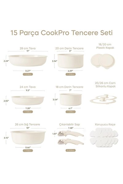 Perotti Cookpro Beige 15 Piece Interlocking Induction Ceramic Coating Cookware Set with Detachable Handles