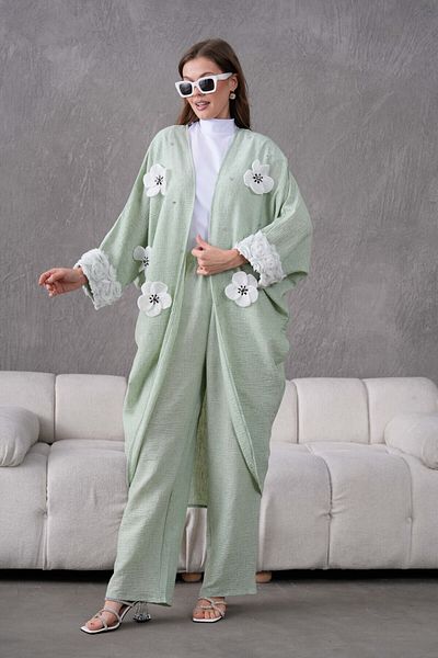 Miss Allos Women's Front Floral Embroidered Stone Detailed Linen Kimono and Pants Bottom Top Set