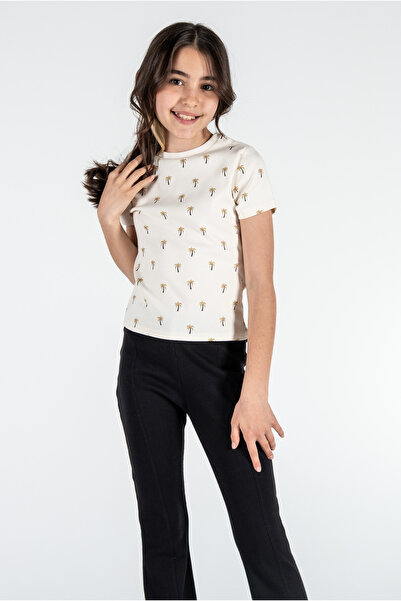 Kyron Κρεμ βαμβακερό μπλουζάκι με λαιμόκοψη με ραβδώσεις για κορίτσια - με σχέδιο παλάμης