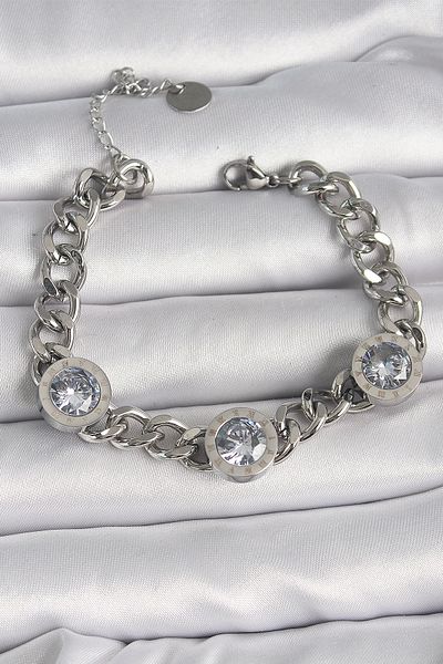 Toptan Bulurum 316L Steel Silver Color Chain Model Zircon Stone Processing Detailed Women's Bracelet
