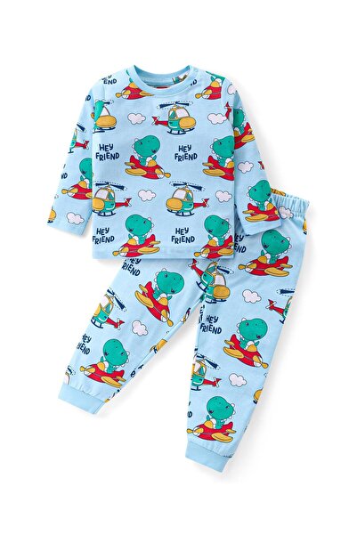 Babyhug بدلة نوم بيبي هاج قطنية محبوكة بأكمام طويلة وطبعة ديناصور - أزرق فاتح