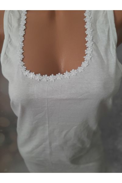 Butik Women's Comfortable Undershirt with White Collar Chamomile Thick Straps 100% Cotton