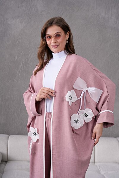 Miss Allos Linen Kimono and Trousers Set - Bow Ribbon, Floral Embroidery and Stone Detail