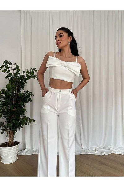 MİSSCİXFASHİON Women's Double Evening Dress Set - Strappy Ribbon Bustier and Pants