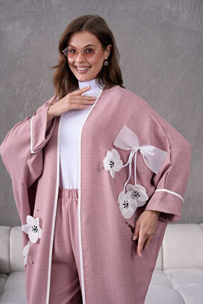 Miss Allos Linen Kimono and Trousers Set - Bow Ribbon, Floral Embroidery and Stone Detail