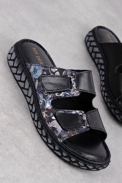 Lal Shoes & Bags Дамски чехли Happy от естествена кожа с тик-так шарка - черни
