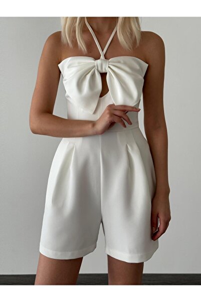MİSSCİXFASHİON Kadın Boyundan İp Bağlamalı Kurdela Detaylı Şort Abiye Tulum