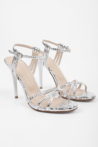 Shoeberry Women's Jessie Silver Snake Pattern Heeled Shoes