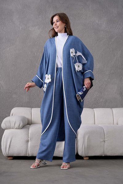 Miss Allos Linen Kimono and Trousers Set - Bow Ribbon, Floral Embroidery and Stone Detail