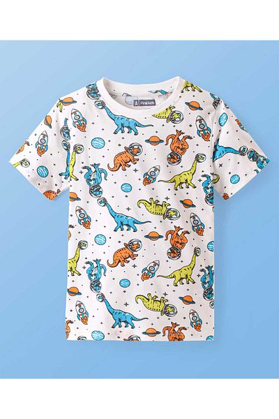 Pine kids Pine Kids Single Jersey Knit Half Sleeves Night Suit with Dino Print - Blue/White/Orange