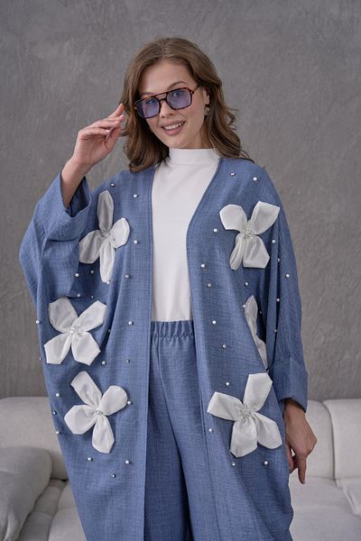 Miss Allos Women's Front Floral Embroidered Stone and Pearl Detailed Linen Kimono Cardigan and Pants Bottom Top Set