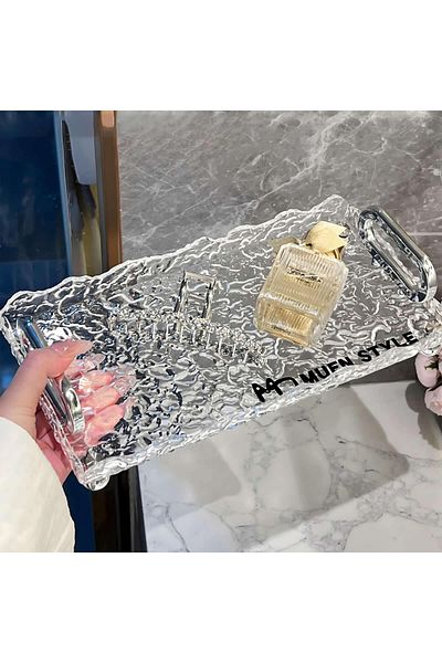 ARVALE Broken Glass Patterned Crystal Transparent Tray Decorative Footed Acrylic Model |   Small Size - 30 X 15 cm