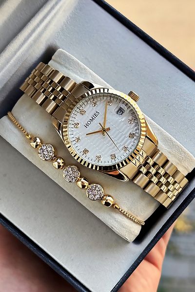 Homies Special Boxed Women's Wristwatch Waterproof Gold Color Steel Cord Gift Bracelet Hmby2053C4