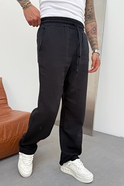 MADZEYMODA Men's Baggy Loose Fit Elastic Waist Muslin Fabric Black Jogger Pants Ke-7009