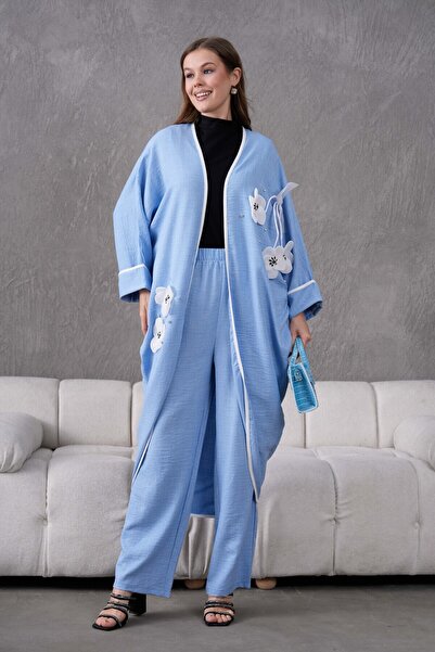 Miss Allos Лляне кімоно та штани з квітковою вишивкою на стрічці з бантом та деталями з каміння