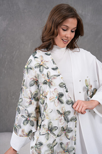 Miss Allos Women's Tulle Flower Embroidered Stone Detailed Kimono and Trouser Top Set