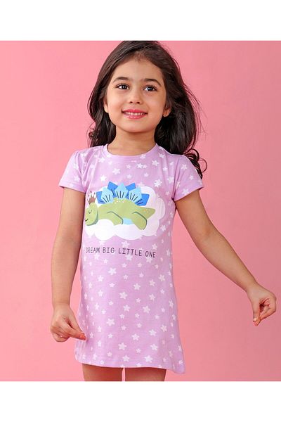 Babyhug Babyhug Cotton Knit Half Sleeves Nighty With Turtle Print - Lavender