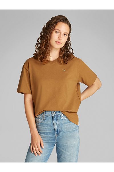Calvin Klein Women Brown Script Inst Back Graphic Print Short Sleeve T-Shirt