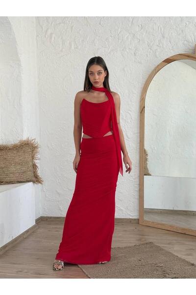 BEAUTY FASHİON Kadın Abiye Uzun Etek Straplez Crop Takım - Abiye & Mezuniyet Elbiseleri