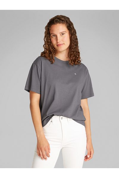 Calvin Klein Women Gray Script Inst Back Graphic Print Short Sleeve T-Shirt