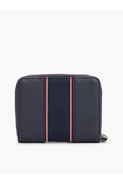 Tommy Hilfiger Women's Stripe Stripe Monogram Logo Leather Blue Wallet with Extra Card Holder Section Zipper Closure Aw0Aw16