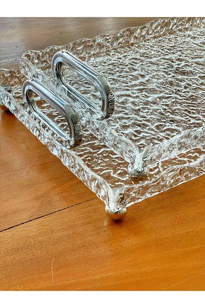 ARVALE Broken Glass Patterned Transparent Tray Decorative Footed Acrylic Model |   Medium Size - 30 X 20 cm