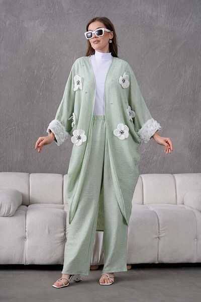 Miss Allos Women's Front Floral Embroidered Stone Detailed Linen Kimono and Pants Bottom Top Set