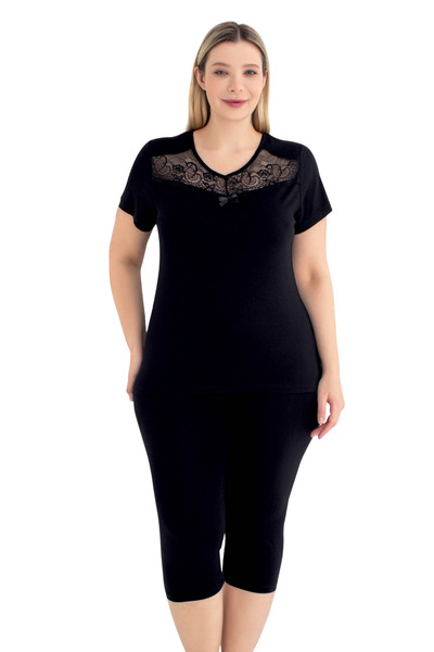 Cotpark Black Short Sleeve Lace Plus Size Nightgown Bottom-Top Capri Suit 14436-B