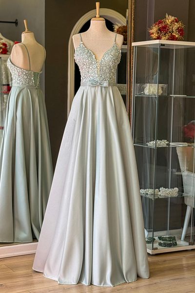 Lenta Moda Water Green Ribbon Belt Detail and Embroidered Lace Overlay Satin Evening Dress/Evening Gown