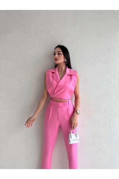 MİSSCİXFASHİON Bağlama Detaylı Tasarım Fuşya Elbise Pantolon Yelek Takım