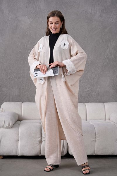 Miss Allos Women's Front Floral Embroidered Stone Detailed Linen Kimono and Pants Bottom Top Set