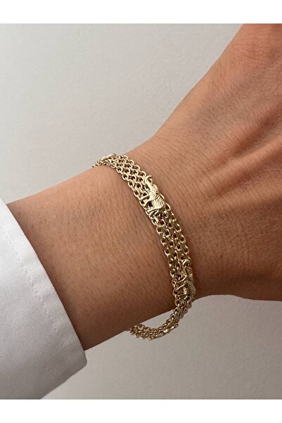 Esmeray Aksesuar Vip Çelik Gold Renk Lazer Kesim Fil Figürlü Hasır Örgü Bilek...