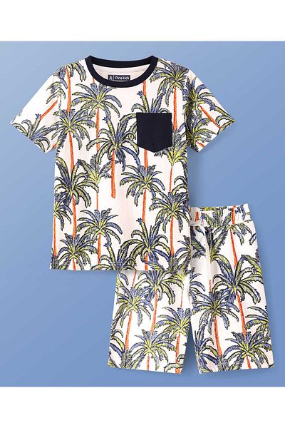 Pine kids طقم تي شيرت وشورت للأطفال من باين بطبعة استوائية - أبيض
