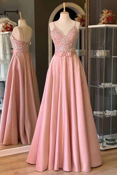 Lenta Moda Powder Ribbon Belt Detail and Embroidered Lace Overlay Satin Evening Dress/Evening Gown