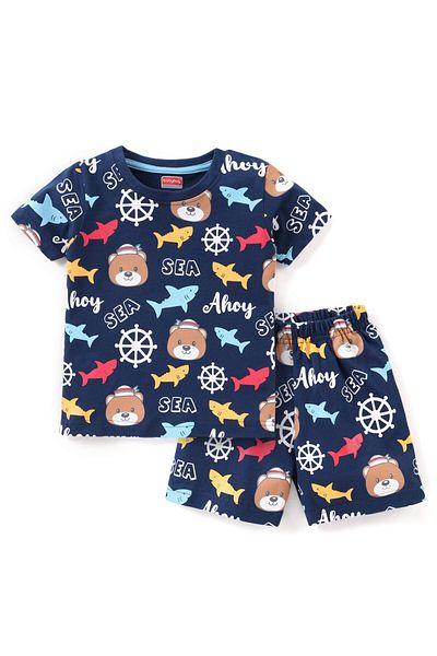 Babyhug Babyhug Cotton Knit Half Sleeves Teddy Printed Night Suit/Co-ord Set - Multicolor