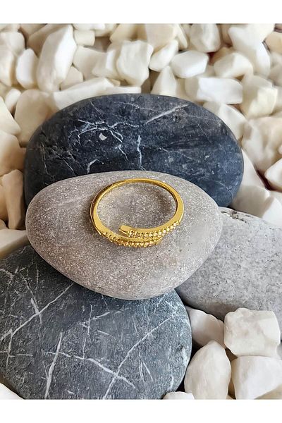 Eva Takı Store Adjustable Gold Color Steel Ring with Parallel Bar Stone