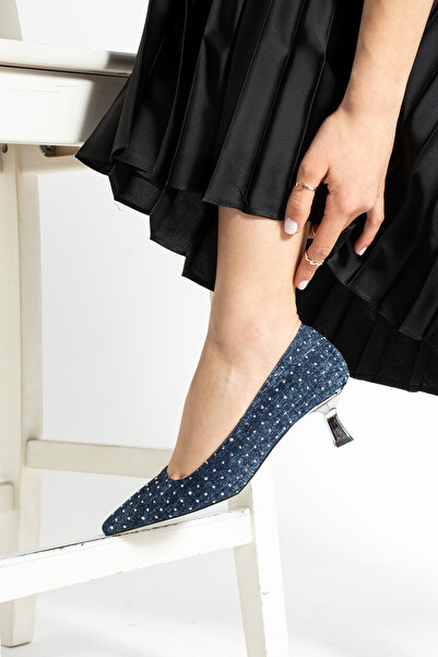 Güllü Shoes Mavi Kot Jeans Vegan Deri 5 cm İnce Topuklu Taşlı Kadın Topuklu Ayakkabı | Şık Rahat Günlük Ofis