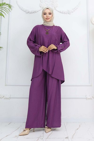 benguen Purple 4782 Button Detailed Necklace Double Suit