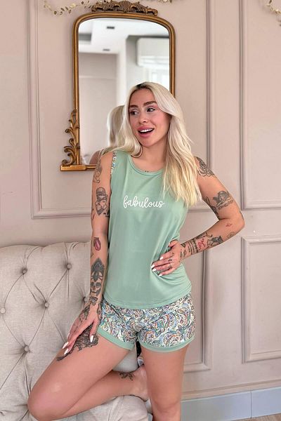 Pijamaevi Mint Fabulous Patterned Women's Knitted Pajamas Set with Zero Sleeve Shorts