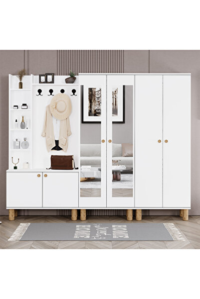 Kalender Dekor Evin-1-2-4 Bohem Ayaklı Aynalı Ayakkabılık Portmanto Vestiyer