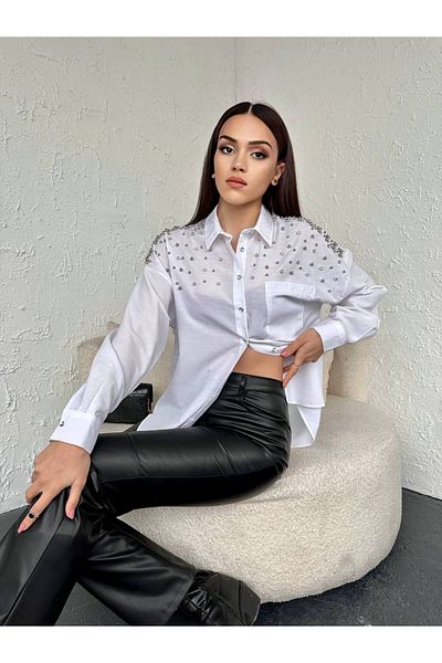 Amorti Rochie cămașă oversize cu perle și piatră pentru femei - alb-negru