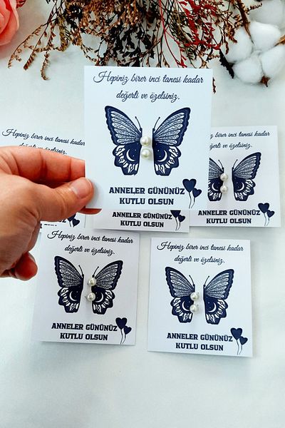 Burak Baskı Tasarım 5 (Pair) - Mother's Day Gift Pearl Earrings with Butterfly Card / Teacher Gift