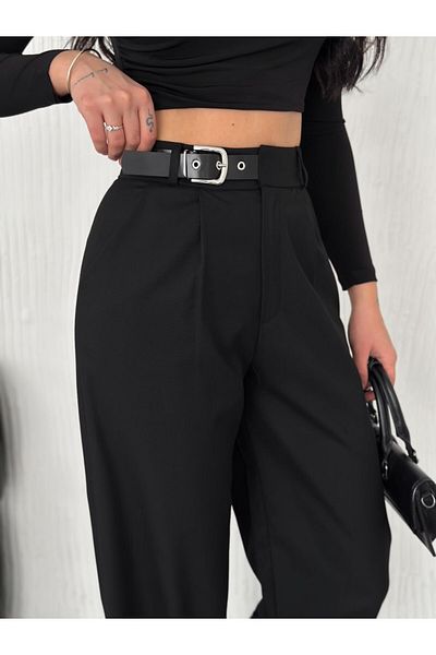 Gugus Women's Waist Buckle/Belt Detail Loose Leg Fabric Pants