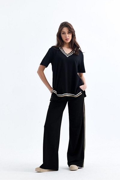 BUKETLİ Women's Gold Rib Detailed Two Thread Loose Trousers Short Sleeve Double Set