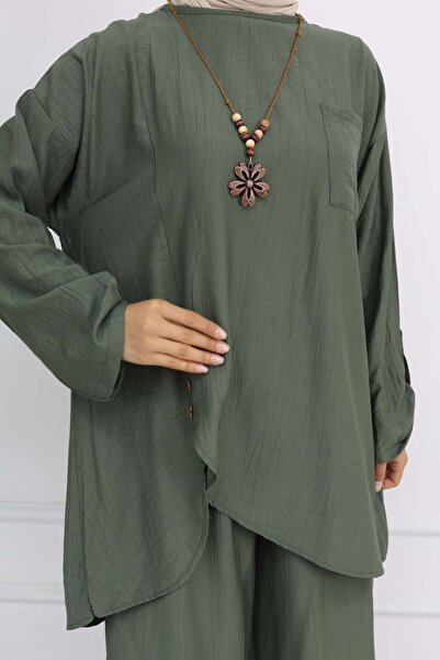 benguen Button Detailed Necklace Khaki Suit 4782