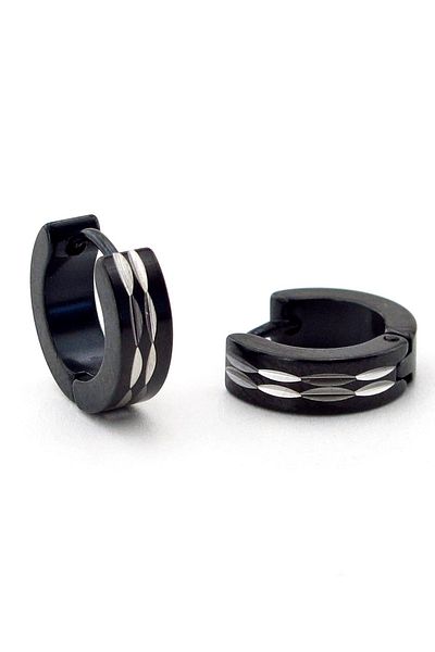 Solfera Black Color Steel Hoop Men's Earrings - Double Stripes
